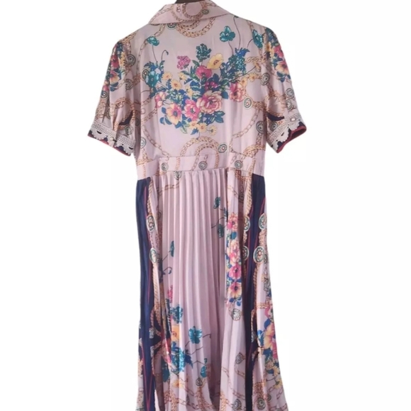 Dalia Macphee Pink Floral Lace Chains Pleated Midi Dress Size M New - Picture 7 of 9